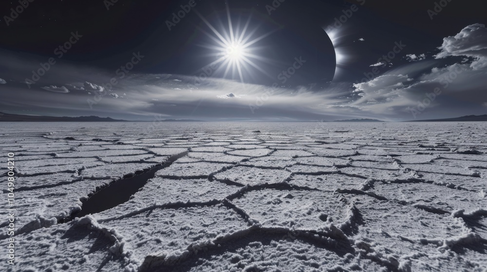 Poster a mesmerizing view of a high-altitude salt flat with symmetrical, geometric salt patterns and a rare