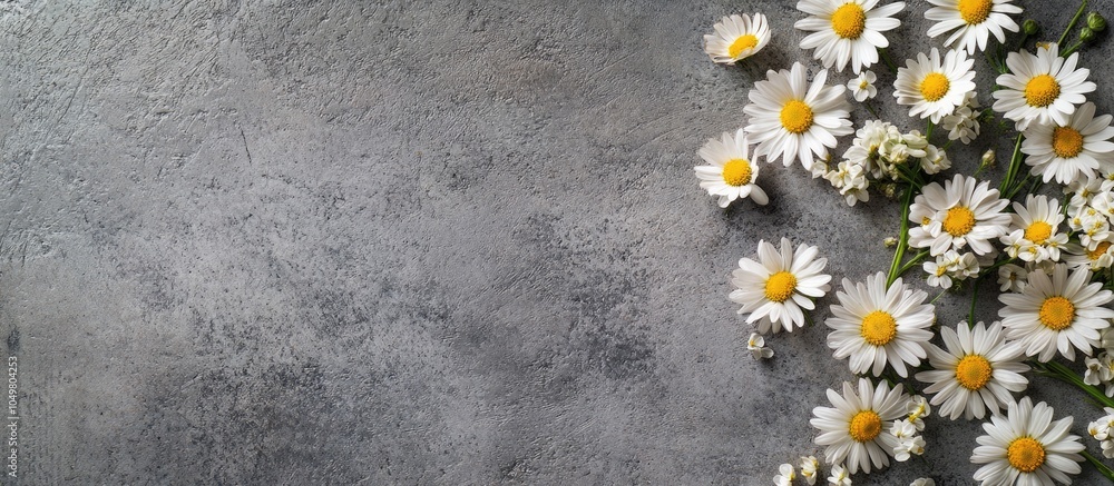 Poster cluster of small daisy flowers on a closeup gray textured background. with copy space image. Place for adding text or design