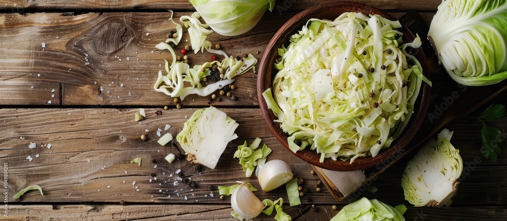Aufkleber top view of fermented shredded cabbage in a bowl surrounded by cooking ingredients on a rustic woode
