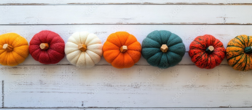 Poster flat lay autumn backdrop featuring felt fuzzy pumpkins and gourds set against a white wooden surface