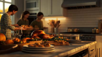  Family preparing Thanksgiving feast in the kitchen happy 