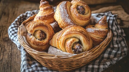 Fototapeta premium Warm Pastries in a Rustic Basket with Checkered Cloth