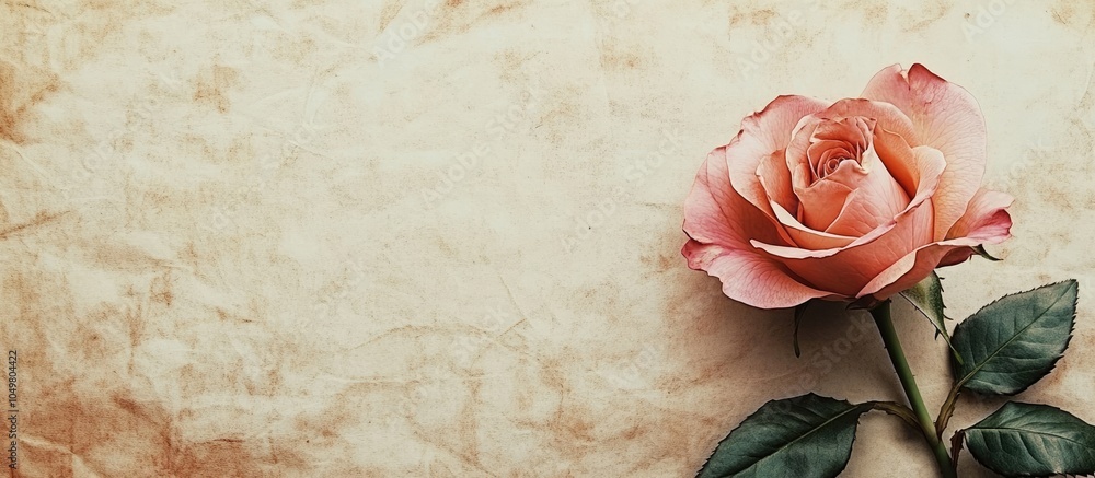 Leinwandbilder textured vintage paper background featuring a pink rose flower. with copy space image. place for add