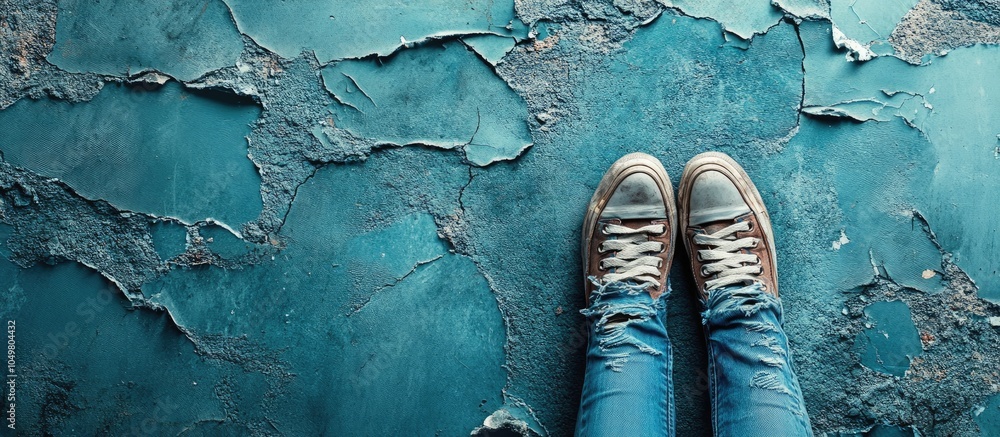 Poster Legs in torn denim jeans on a background. with copy space image. Place for adding text or design