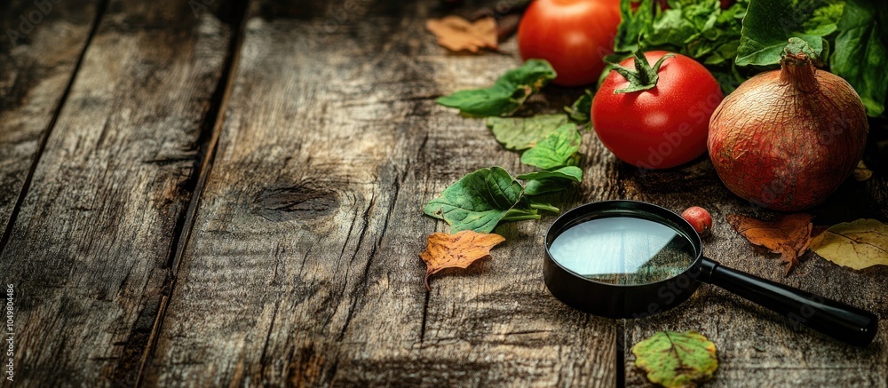 Aufkleber wooden floor magnifying glass leaves wooden table vegetables magnifying glass. with copy space image