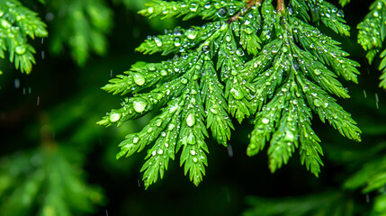 Fototapeta premium Close-up of evergreen needles covered in raindrops.