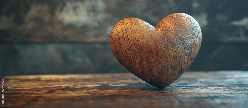 Aufkleber wooden heart positioned on a brown wooden board horizontally. with copy space image. place for addin