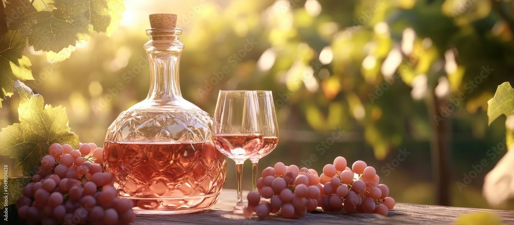 Aufkleber Rose wine in a decanter alongside glasses and grapes Set outdoors in the vineyard With space for your text. with copy space image. Place for adding text or design