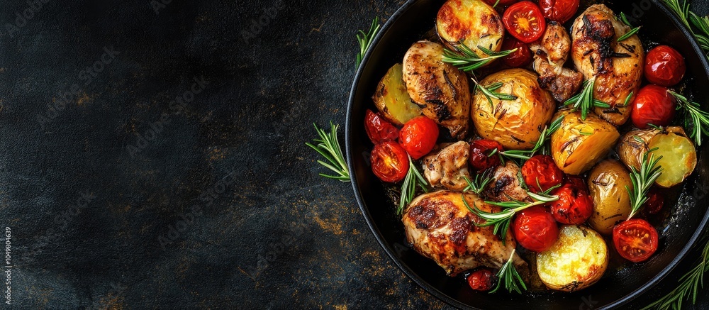 Poster vintage image of baked potatoes with chicken tomatoes and rosemary. with copy space image. place for
