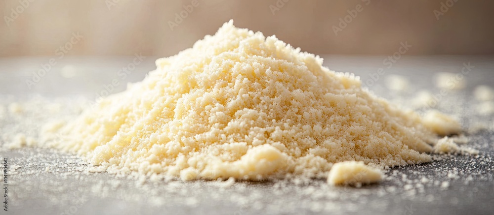 Leinwandbilder Closeup of a pile of grated parmesan cheese on a light table Area for text. with copy space image. Place for adding text or design