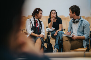 Three students are actively engaged in a group discussion in a classroom. They appear focused and...