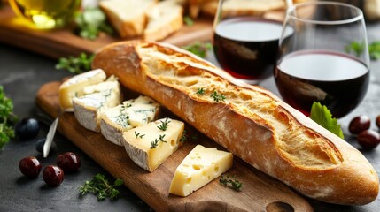 Rustic Baguettes with Cheese and Wine on Wooden Board