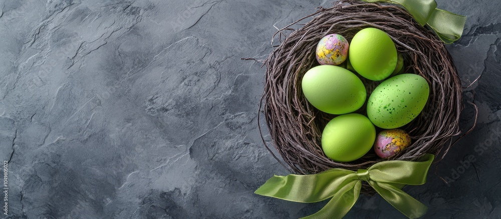 Aufkleber green easter eggs in a nest with a silk ribbon on a gray stone backdrop alongside colorful sweets mo