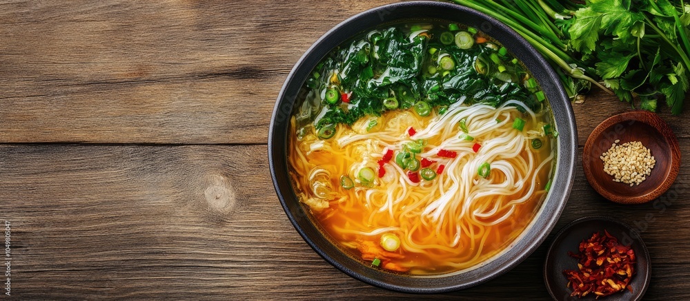 Fototapete vegetarian vegetable soup featuring vermicelli and spring onions studio photo. with copy space image