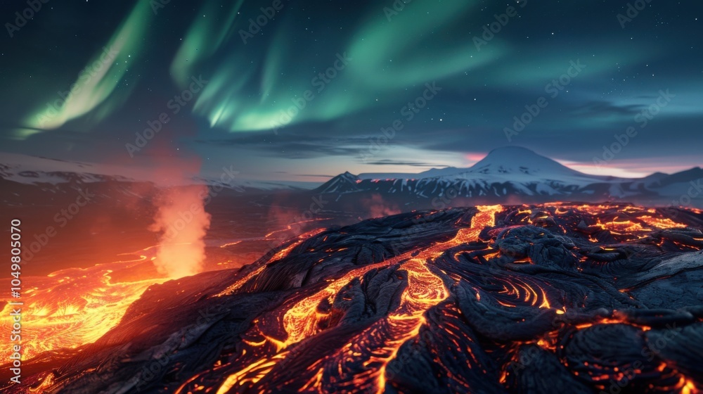 Poster a mesmerizing view of a high-altitude volcanic caldera with glowing lava rivers and a rare, vivid co
