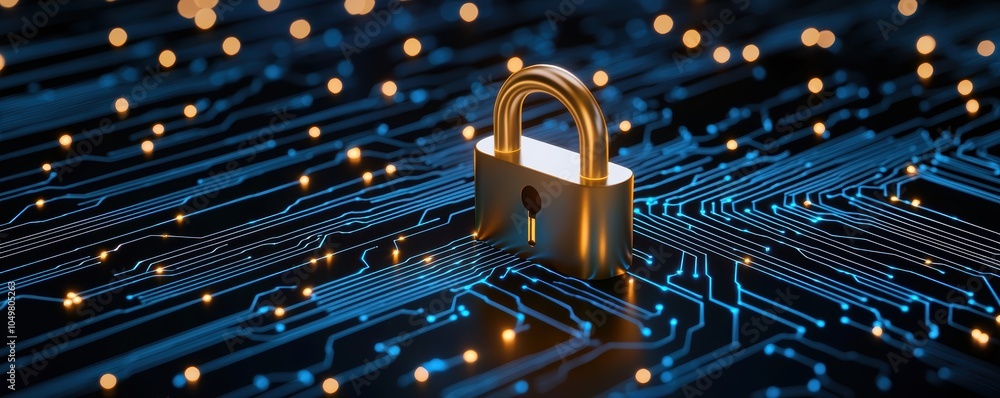 Poster high-tech padlock glowing in the middle of a cyber network, with neon blue circuits branching out, s