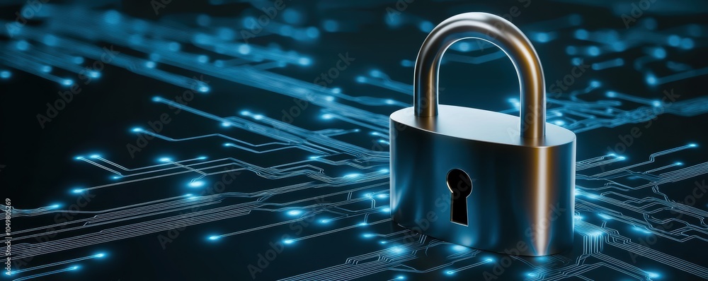 Poster high-tech padlock glowing in the middle of a cyber network, with neon blue circuits branching out, s
