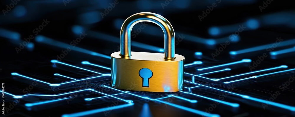 Poster high-tech padlock glowing in the middle of a cyber network, with neon blue circuits branching out, s