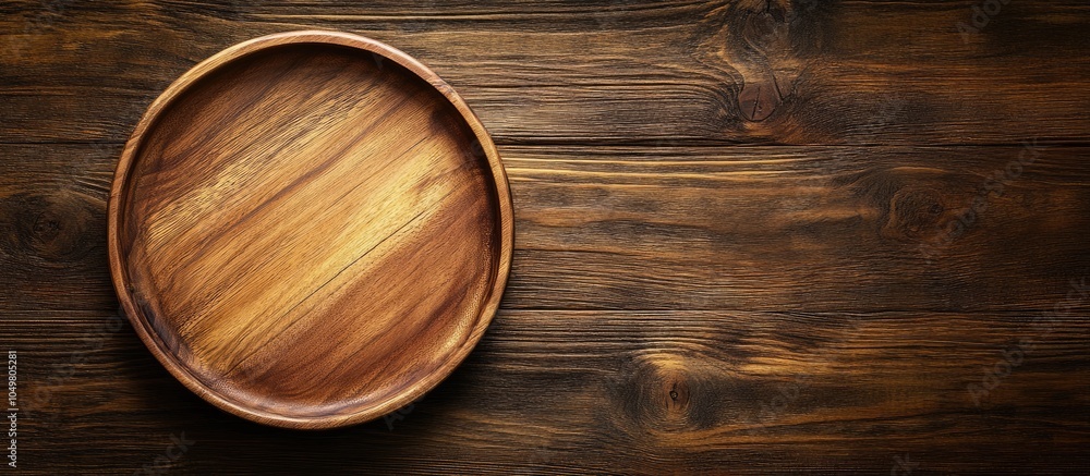 Poster Round wooden plate on the kitchen table with free space for text Viewed from above. with copy space image. Place for adding text or design