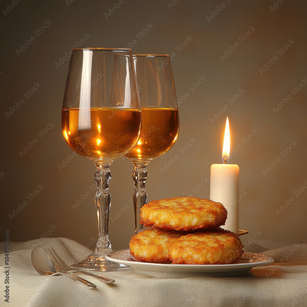 Wall mural cozy setting featuring two glasses of golden wine, crispy latkes, and flickering candle creates warm