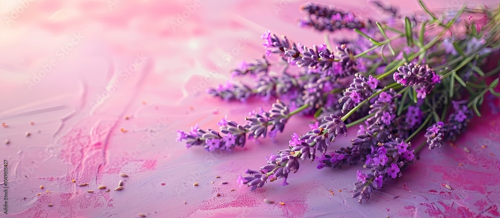 Poster a bouquet of fresh lavender flowers on a pink concrete background. with copy space image. place for 
