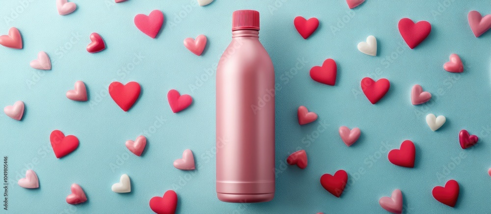 Poster pink mat bottle on a blue background decorated with hearts love and st valentine s day. with copy sp
