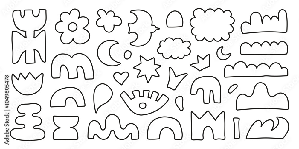 Poster abstract linear organic shapes with geometric cutting doodles. trendy random figures isolated on a w