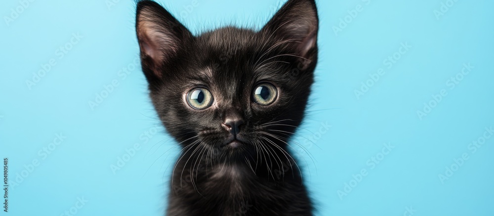 Poster adorable black kitten set against a blue background. with copy space image. place for adding text or