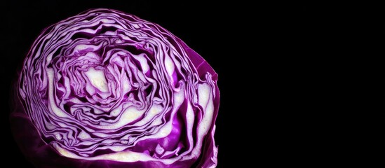 Obraz premium A cut red cabbage revealing its texture. with copy space image. Place for adding text or design
