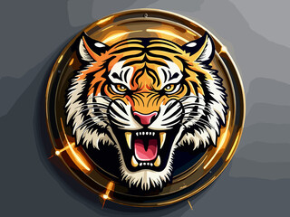 Obraz premium Vibrant tiger emblem with fierce expression highlighted against a dark background