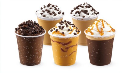 Iced coffee collection featuring caramel drizzle, mocha swirl, and vanilla cream, each cup decorated with whipped toppings and coffee beans for a rich, indulgent display
