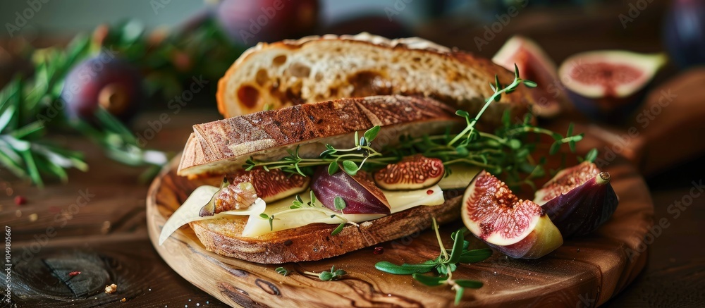 Poster delicious sandwich featuring ripe fig and brie cheese on a wooden plate. with copy space image. plac