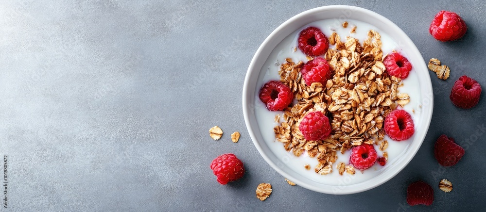 Aufkleber healthy granola mix with raspberry and milk on a gray background top view. with copy space image. pl