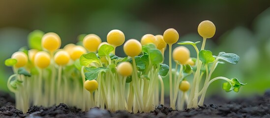 Fototapeta premium Close up of yellow daikon sprouts resuming growth in natural light after the blackout period. with copy space image. Place for adding text or design
