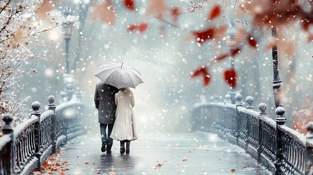 Couple is enjoying a romantic walk in the city on a snowy christmas day - Powered by Adobe