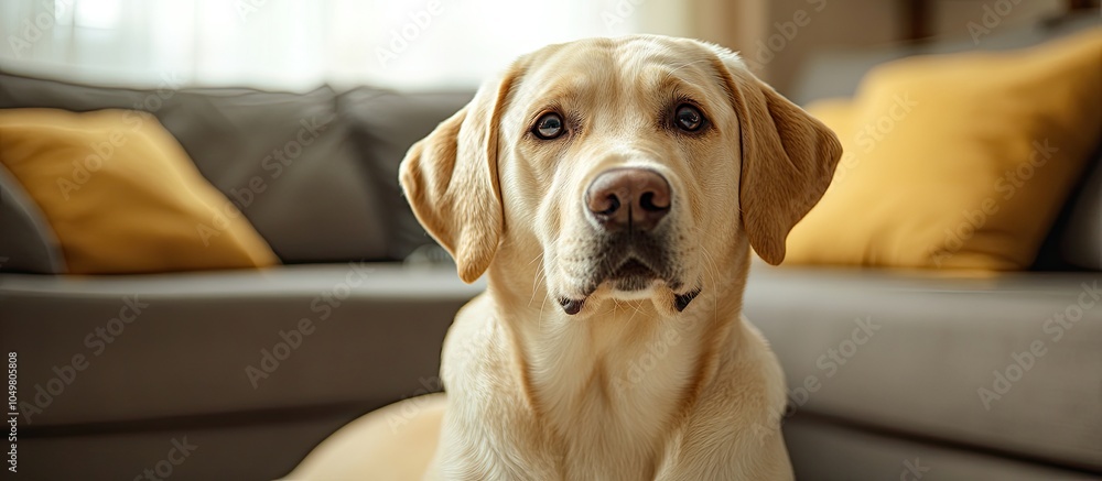 Poster portrait of a cute labrador retriever dog gazing at the camera begging for food in the living room. 