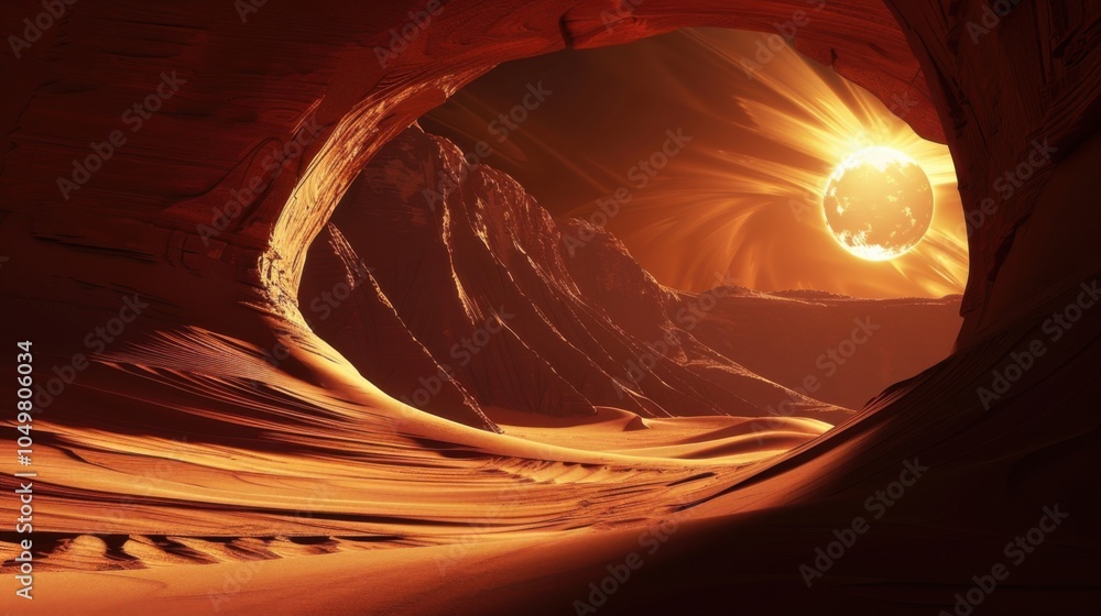 Poster a mesmerizing view of a remote desert arch with wind-sculpted sands and a rare, bright solar eclipse