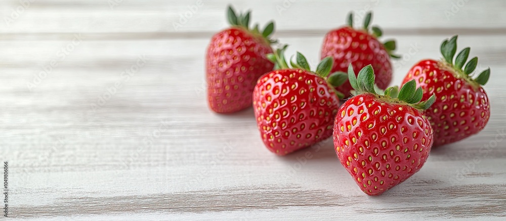 Poster four ripe juicy strawberries on a white wooden background macro. with copy space image. place for ad