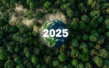White text "2025" centered on an Earth globe floating above a green forest with smoke rising, captured in an aerial view on a flat lay background, in high resolution with a green color theme