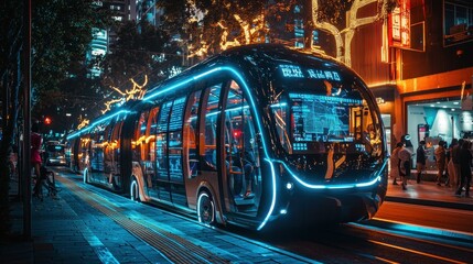 Obraz premium A public transport system with autonomous buses and smart bus stops that display real-time arrival times and offer interactive digital maps 