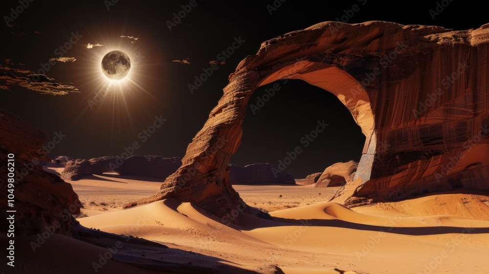 Aufkleber a mesmerizing view of a remote desert arch with wind-sculpted sands and a rare, bright solar eclipse