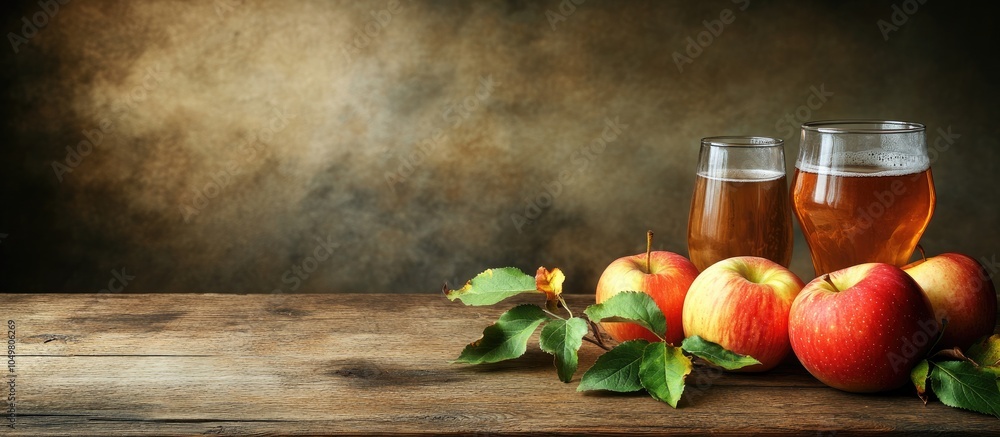 Poster tasty cider and apples with green leaves on a wooden table room for text. with copy space image. pla