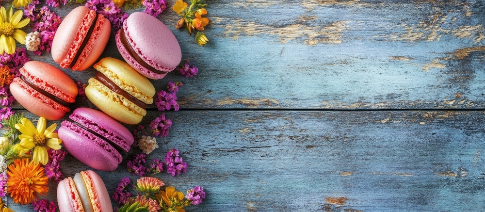 Poster colorful macaroons and flowers on a wooden table sweet macarons top view with copyspace for your tex