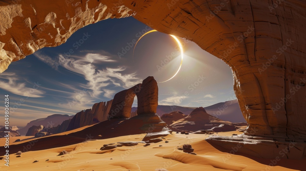 Poster a mesmerizing view of a remote desert arch with wind-sculpted sands and a rare, bright solar eclipse