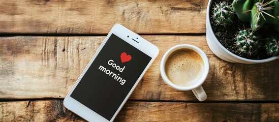 The words Good morning accompanied by a red heart appear on a smartphone screen with coffee in a white mug and a cactus on a wooden surface Top view flat lay. with copy space image