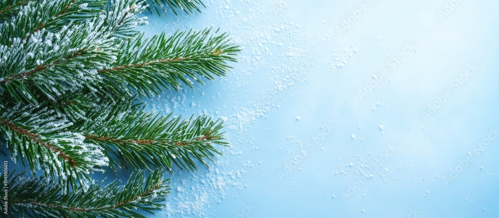 Poster Winter theme A green pine branch is set against a blue background Happy New Year. with copy space image. Place for adding text or design