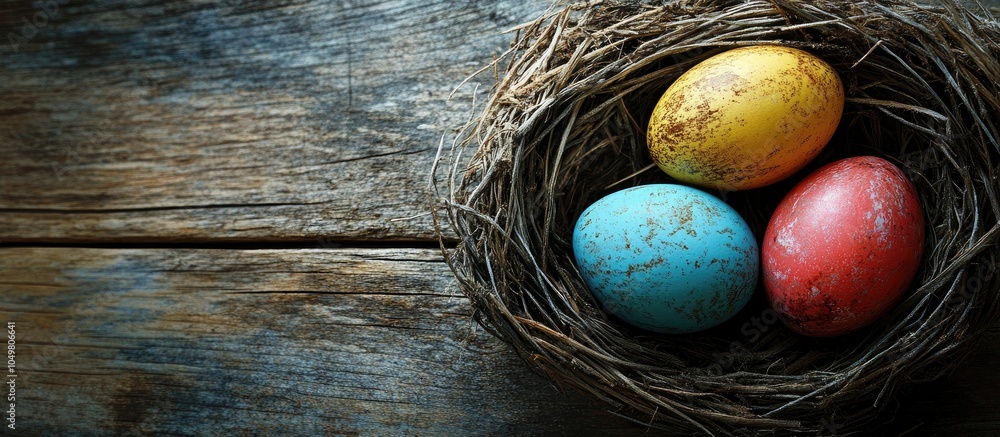 Aufkleber Easter eggs nestled in a nest on weathered wooden planks. with copy space image. Place for adding text or design
