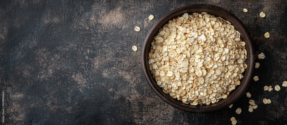Aufkleber raw oat flakes in a bowl with different ingredients for breakfast on a dark rustic wooden surface to