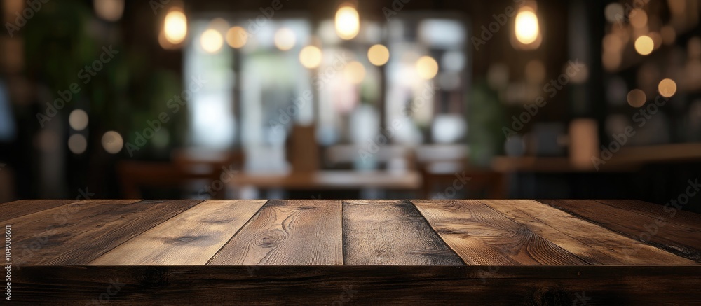 Poster empty brown wooden table with a selected focus and a blurred coffee shop background featuring bokeh 