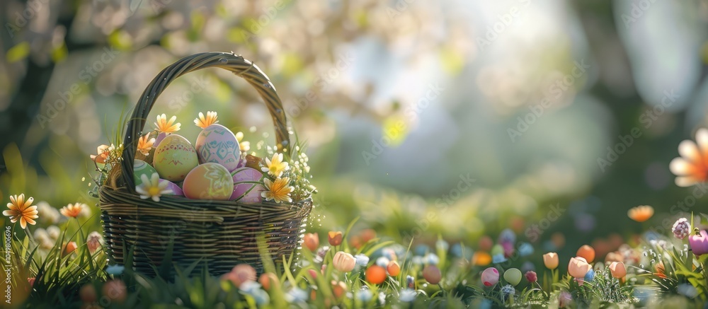 Aufkleber basket of blooms and a basket filled with Easter eggs. with copy space image. Place for adding text or design
